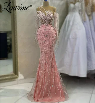 Элегантное женское вечернее платье с кисточками и кристаллами, розовые вечерние платья с длинными рукавами, платья знаменитостей в стиле русалки, арабские платья с пайетками для выпускного вечера