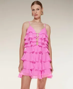 Элегантные короткие ярко-розовые платья для выпускного вечера с V-образным вырезом и оборками, шифоновое платье трапециевидной формы длиной выше колена, вечернее платье для официальных мероприятий для женщин