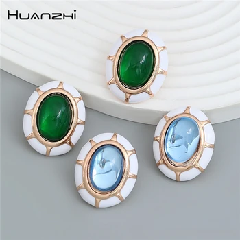 Эмаль HUANZHI, овальные серьги-гвоздики с маслом для защиты от солнца, Зелено-голубая смола, геометрические винтажные ювелирные изделия-шармы для женщин, новинка 2023 года