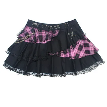 Японская кружевная юбка для торта в стиле Харадзюку Y2k в стиле панк, Розовая клетчатая мини-юбка в стиле Sweet Girls Rock с высокой талией, короткие бальные юбки Kawaii